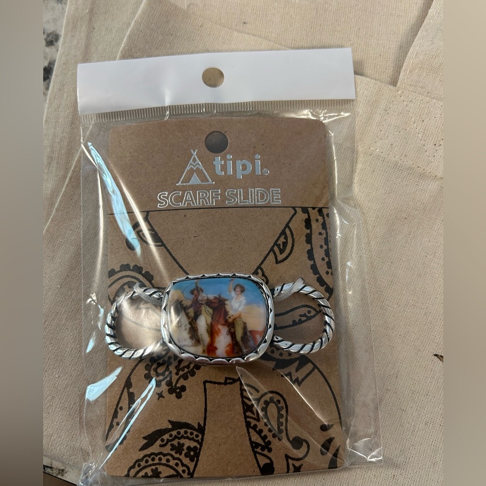 tipi Scarf Slide with Western Horse Scene - Silver Metal